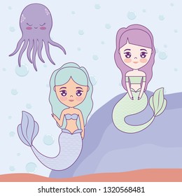 cute mermaids with octopus in the sea