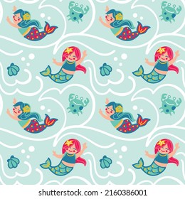 Cute mermaids on the ocean. Fantasy print for small girls. Seamless pattern.