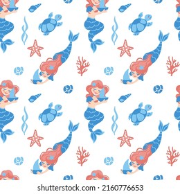 Cute mermaids on the ocean. Fantasy print for small girls. Seamless pattern.