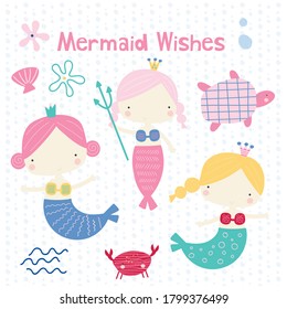 Cute mermaids and other vector illustrations, 3 sweet mermaids, turtle and crab.Created in pastel colour palette.