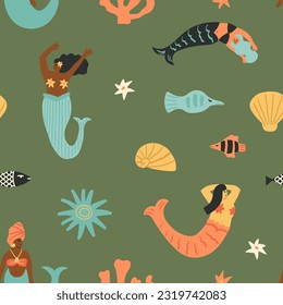 Cute mermaids Party wiederholen, Vielfalt retro-Stil Vektorgrafik nahtlos Muster. Afrikanische Meerjungfrau tanzt fröhlich, asiatisches orientalisches Mädchen genießt Wasser, schwimmen mit Fisch, Korallen, Muscheln und Seellilien.