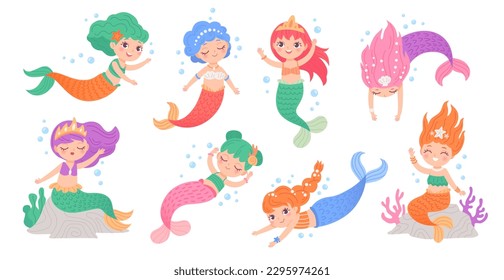 Cute mermaids princess. Cartoon fairy tale mermaid characters, swimming little girl or beautiful woman with fish tail, fairytale siren underwater sea, vector illustration of princess mermaid character