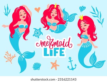 Cute Mermaids with Red Hair and Blue Tail Vector Collection. Princess and Unicorn. Lettering Quote. Adorable Cartoon Characters. Colorful Kids Clipart