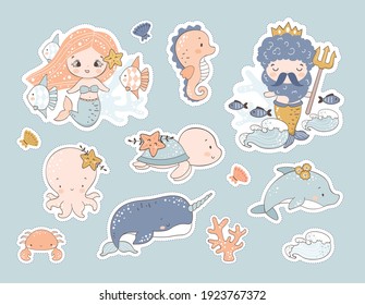 Cute mermaids   sea animals stickers  Illustration for kids