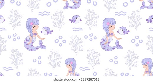 Cute Mermaids And Sea Life Seamless Pattern