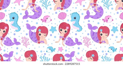 Cute Mermaids And Sea Life Seamless Pattern