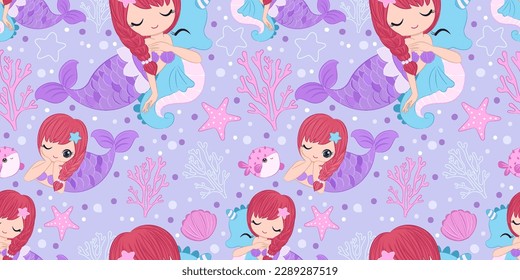 Cute Mermaids And Sea Life Seamless Pattern