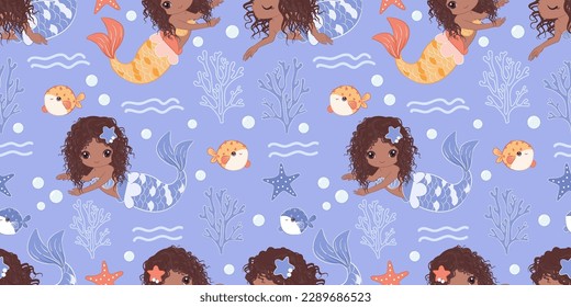 Cute Mermaids And Sea Life Seamless Pattern