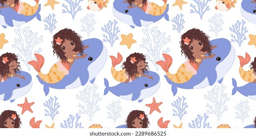 Cute Mermaids And Sea Life Seamless Pattern