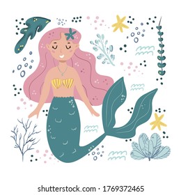 Cute mermaids and sea plants. Funny cartoon characters and corals are isolated on white. Summer clipart with mermaid girls.