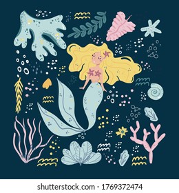 Cute mermaids and sea plants. Funny cartoon characters and corals are isolated on white. Summer clipart with mermaid girls.