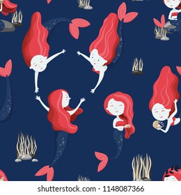 Cute mermaids seamless pattern. Good for fabric, apparel, home decor. Stock vector