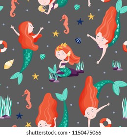 Cute mermaids seamless pattern. Good for fabric, apparel, home decor. Stock vector