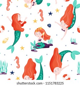 Cute mermaids seamless pattern. Good for fabric, apparel, home decor. Stock vector