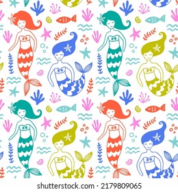 Cute Mermaids Seamless Pattern Texture. Hand drawn Vector illustration background for kids fashion apparel, textile, wallpaper, wrapping paper. Cute Mermaid girls, Underwater print Vintage style