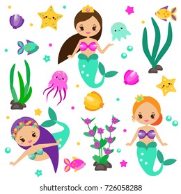 Cute mermaids set and design elements. Stickers, clip art for girls in kawaii style. Alga, octopus, fish and other fairy symbols for invitations, scrapbook, blogging, mobile games