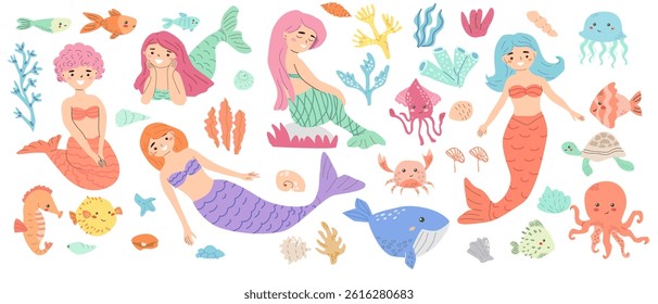 Cute mermaids set. Vector  flat illustration. Cartoon mermaids with cute sea animals collection, seaweed and other plants. Underwater fairytale characters set. 