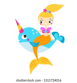 Cute mermaids sit on narwhal. vector illustration