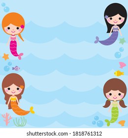Cute Mermaids Swimming Under The Sea Vector