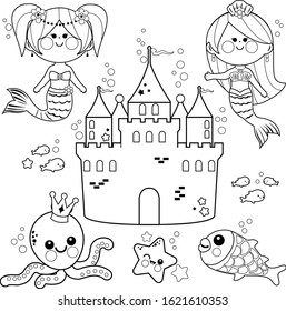 Cute mermaids and underwater castle. Vector black and white coloring page.