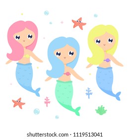 Cute mermaids vector flat illustration