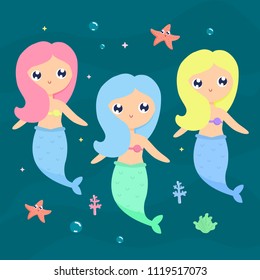 Cute mermaids vector flat illustration