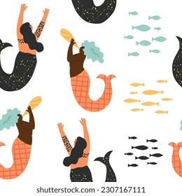 Cute mermaids vector seamless pattern. African Mermaid bugles or sounds the trumpet, tattooed mermaid dances, school of fish nearby. Undersea magical creatures, fairytale characters.