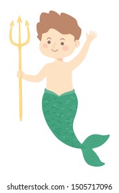 Cute Merman or Male Mermaid green fin holding trident fantasy character cartoon character design isolated on white background vector illustration.