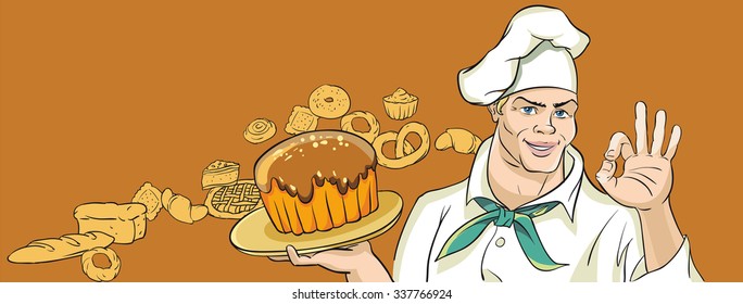 Cute merry Baker holding tray of cake. The background of the images of different pastries.