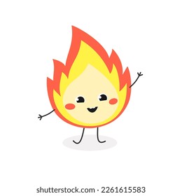 Cute merry cartoon fire flame character waving hand Hi. Vector flat illustration isolated on white background