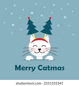 Cute Merry Catmas card, white kitty with christmas tree headband on, square vector illustration