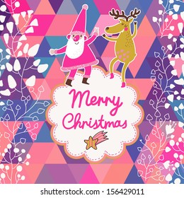 Cute merry christmas background with funny Santa and  dancing reindeer. Vintage vector holiday frame. New year design celebration card.