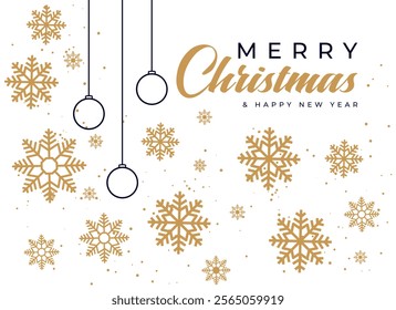 Cute Merry Christmas background with glamour golden glitter snowflakes and confetti