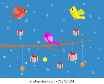 Cute merry christmas bird decorating tree