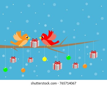 Cute merry christmas bird decorating tree