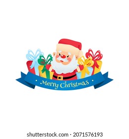 Cute Merry Christmas card with cartoon character. Winter holiday badge with cute funny Santa Claus, gift boxes and blue ribbon isolated on a white background. Vector illustration 10 EPS.