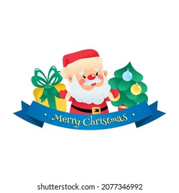 Cute Merry Christmas card with cartoon character. Winter holiday badge with cute funny Santa Claus, gift boxs, fir tree and a blue ribbon isolated on a white background. Vector illustration 10 EPS.