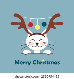 Cute Merry Christmas card with cat, white kitty with deer headband on, square vector illustration