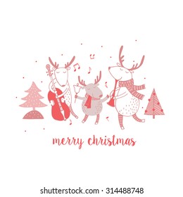 Cute Merry christmas card with deers and music. Lovely cartoon background with holiday symbols. Red color  background