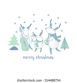 Cute Merry christmas card with deers and music. Lovely cartoon background with holiday symbols. Blue color background.
