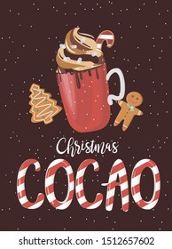 Cute Merry Christmas card with gingerbread, candy, red mug with sweet drink. Editable Vector Illustration.