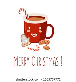 Cute Merry Christmas card with gingerbread, candy, red mug with sweet drink. Editable Vector Illustration.