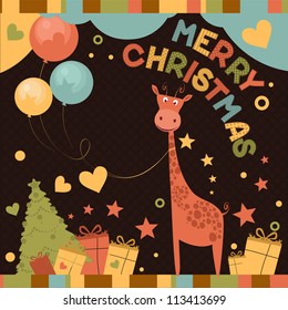 Cute Merry Christmas Card With Giraffe