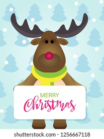 Cute Merry Christmas card with Happy Cartoon Reindeer in a winter forest. Childish holidays banner template for Xmas and New Year holidays. Vector illustration