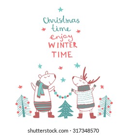 Cute Merry christmas card with happy deers. Lovely cartoon background with holiday symbols.  Winter time background. 