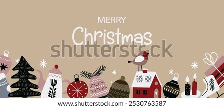 Cute Merry Christmas card with Christmas illustrations. Gifts, house, christmas tree, scarf, christmas decorations, candles, hat, skates. Holiday banner, web poster, greeting card. Vector	