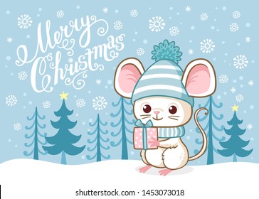Cute Merry Christmas card with a cute little mouse standing on the snow among the blue forest. Vector Christmas illustration on a winter theme in cartoon style.