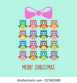 Cute merry christmas card with owls and present