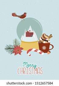 Cute Merry Christmas card with Snow globe, candy, bird, red mug with sweet drink and christmas floral. Editable Vector Illustration.