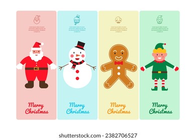 Cute Merry Christmas Cards Cartoon Family, Christmas Cartoon Character Concept, Santa, Snowman, Gingerbread and Elf holding hand, Christmas Bookmark Design, flat vector illustration.